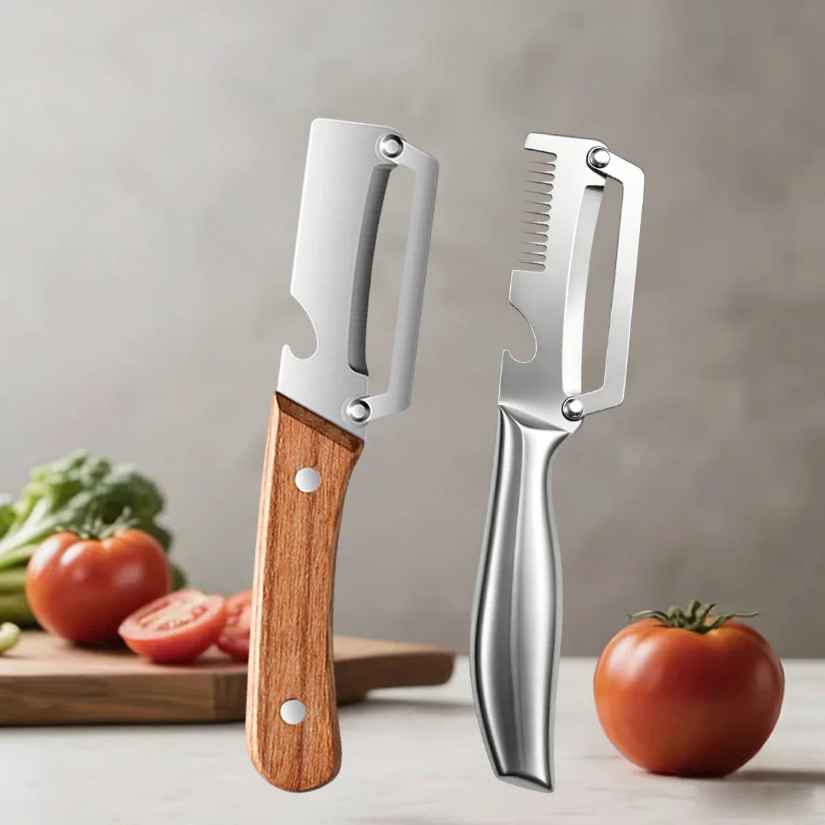 Multi-Function Vegetable Peeler – Stainless Steel Blade Kitchen Peeler with Wooden/Steel Handle & Bottle Opener.