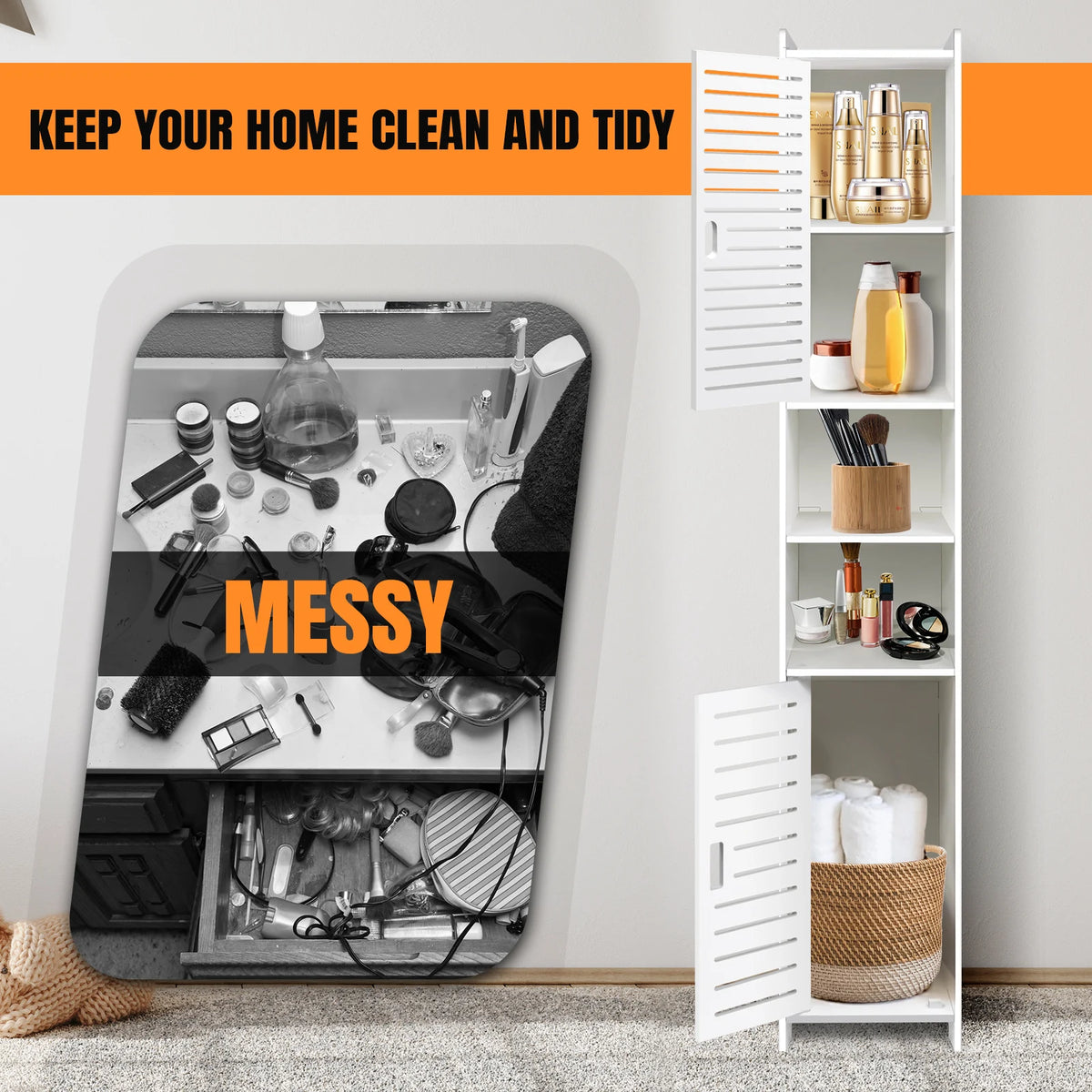 Tall 5-Tier Bathroom Storage Cabinet – 2-Door PVC Waterproof Organiser.