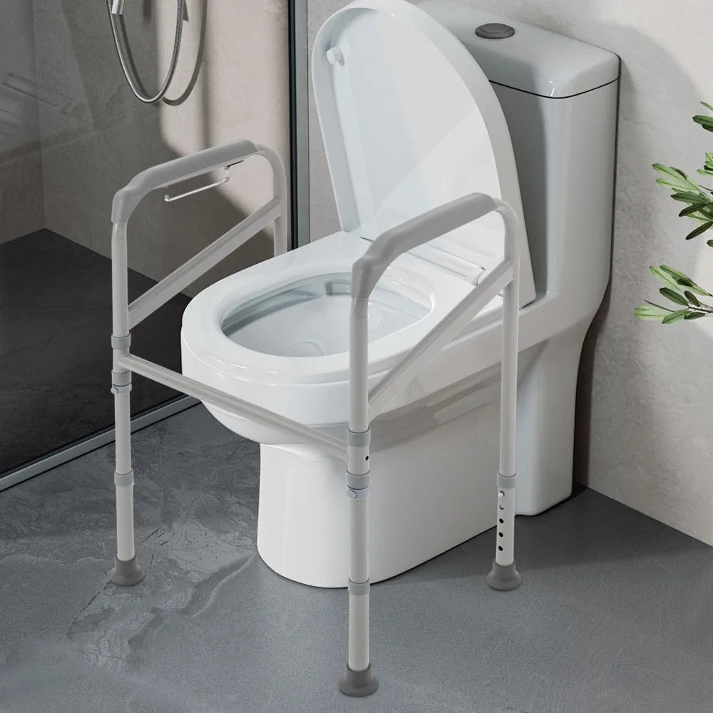Toilet Support Frame with Grab Bars – Adjustable Height Steel Bathroom Safety Rail with Non-Slip Grip..