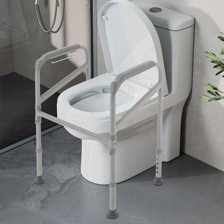 Toilet Support Frame with Grab Bars – Adjustable Height Steel Bathroom Safety Rail with Non-Slip Grip..