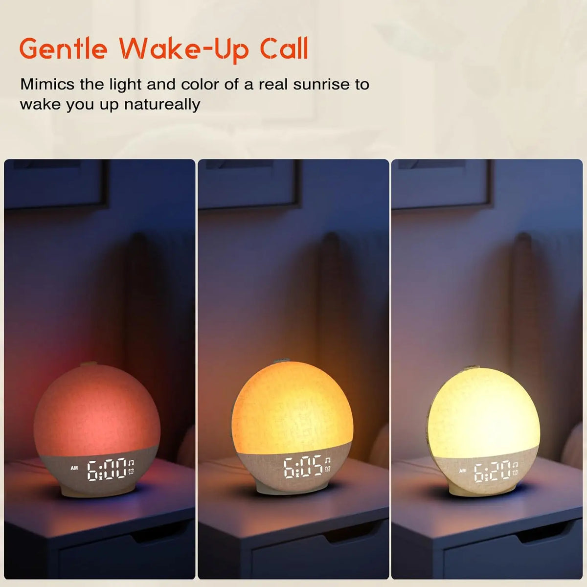 Sunrise Wake-Up Light & Night Lamp – Dimmable Alarm Clock with White Noise, 30 Soothing Sounds & 12-Colour Night Light.