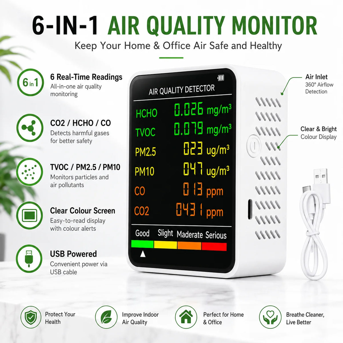 CO2 Air Quality Monitor – Carbon Dioxide Detector with Real-Time Monitoring & Alerts for Home and Office.