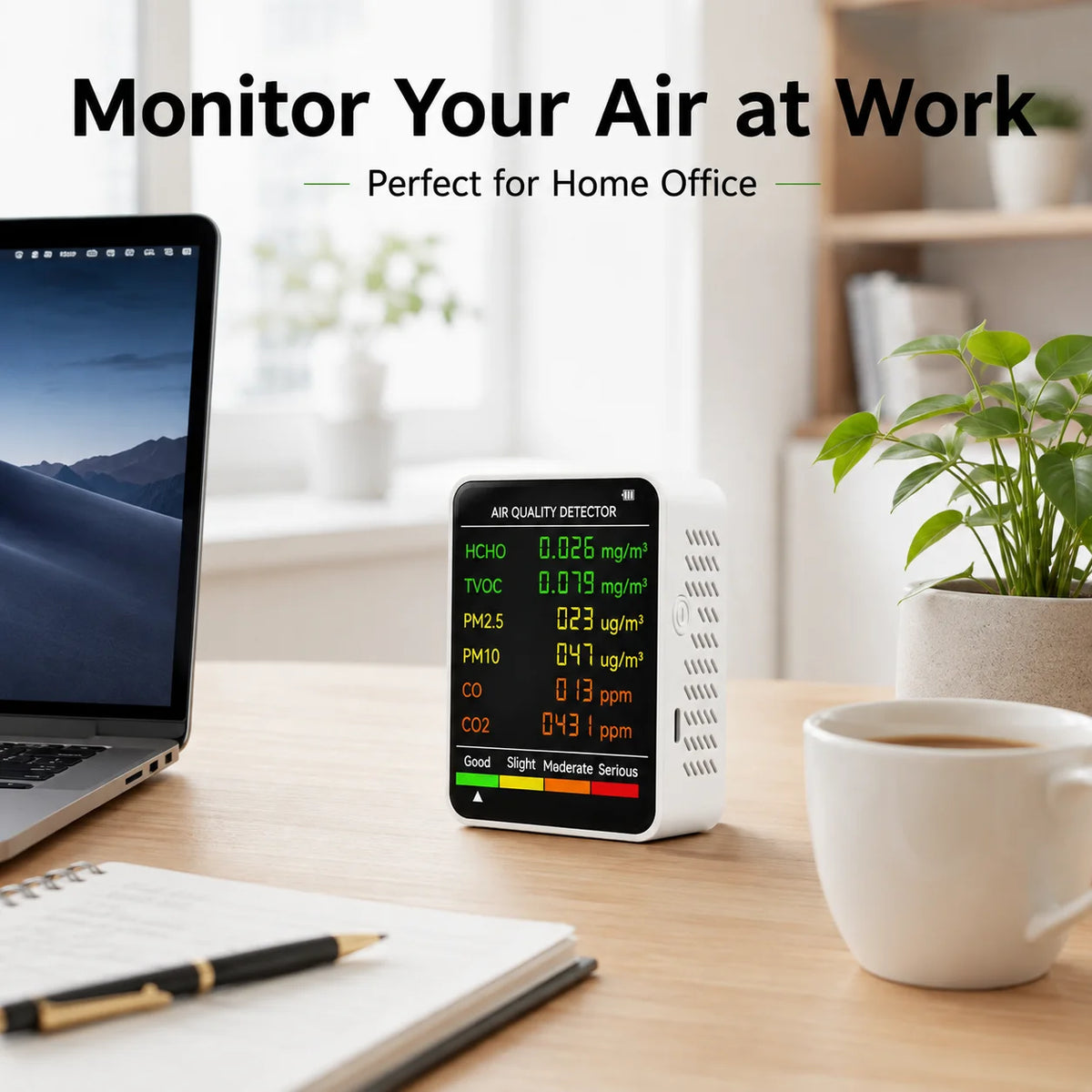 CO2 Air Quality Monitor – Carbon Dioxide Detector with Real-Time Monitoring & Alerts for Home and Office.