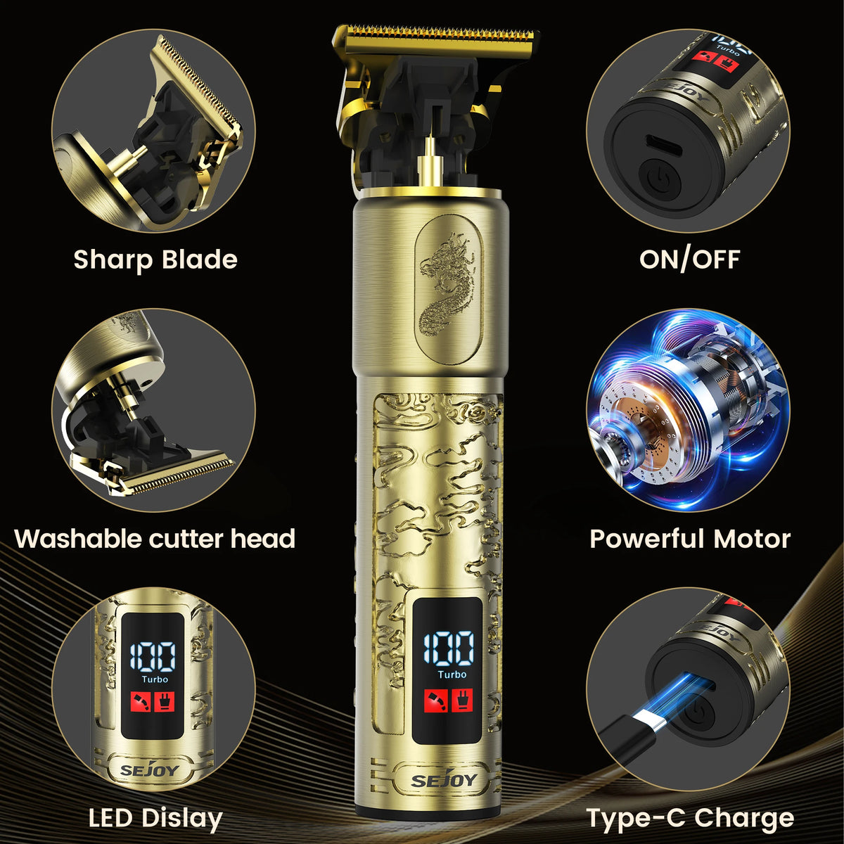 Men’s Professional Hair & Beard Trimmer – Cordless Contour Clipper with LED Display, USB-C Rechargeable Razor.