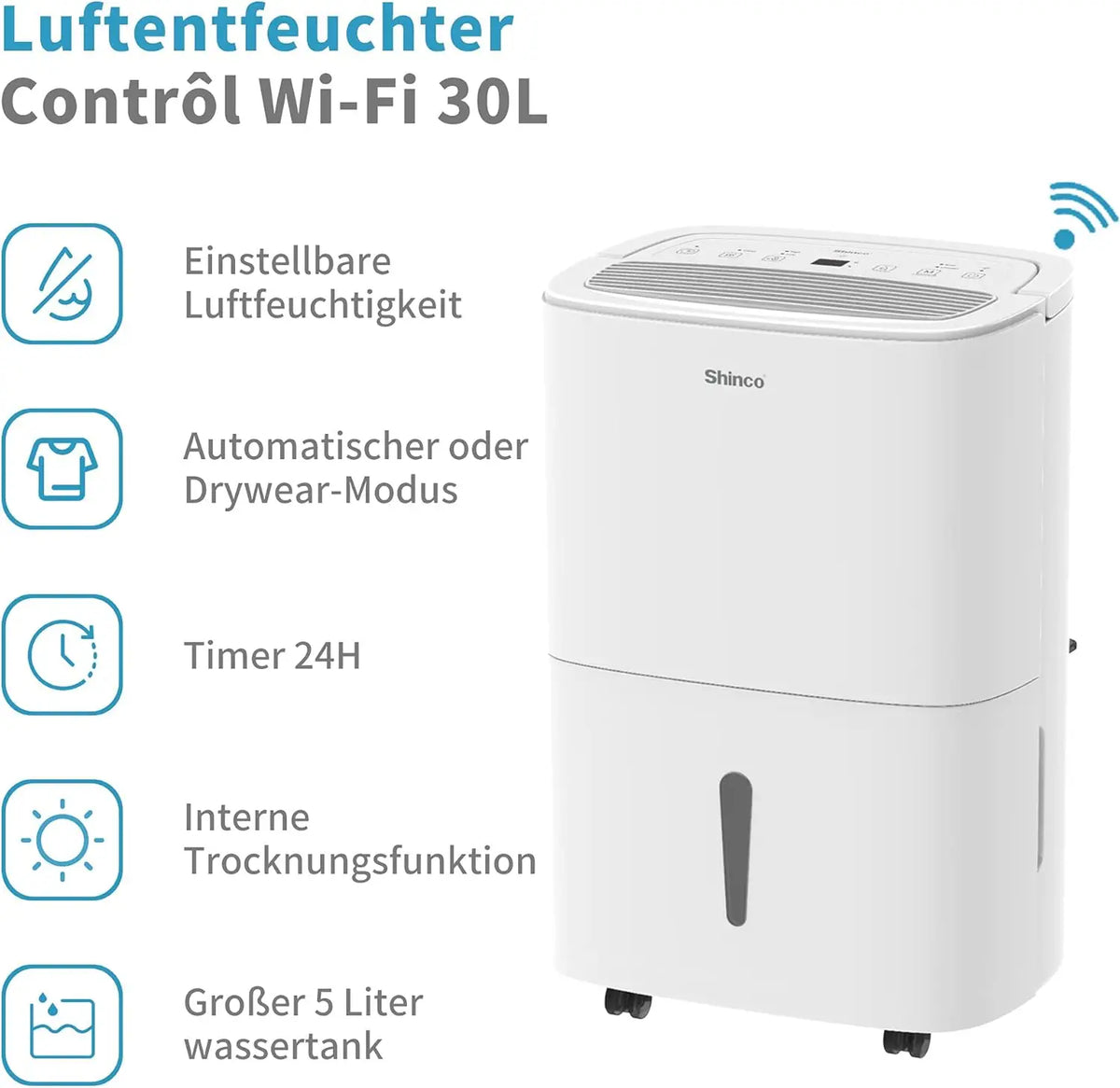 Electric Dehumidifier – WiFi Smart Humidity Control, Energy Saving, Auto Restart & Laundry Drying, 24H Timer.