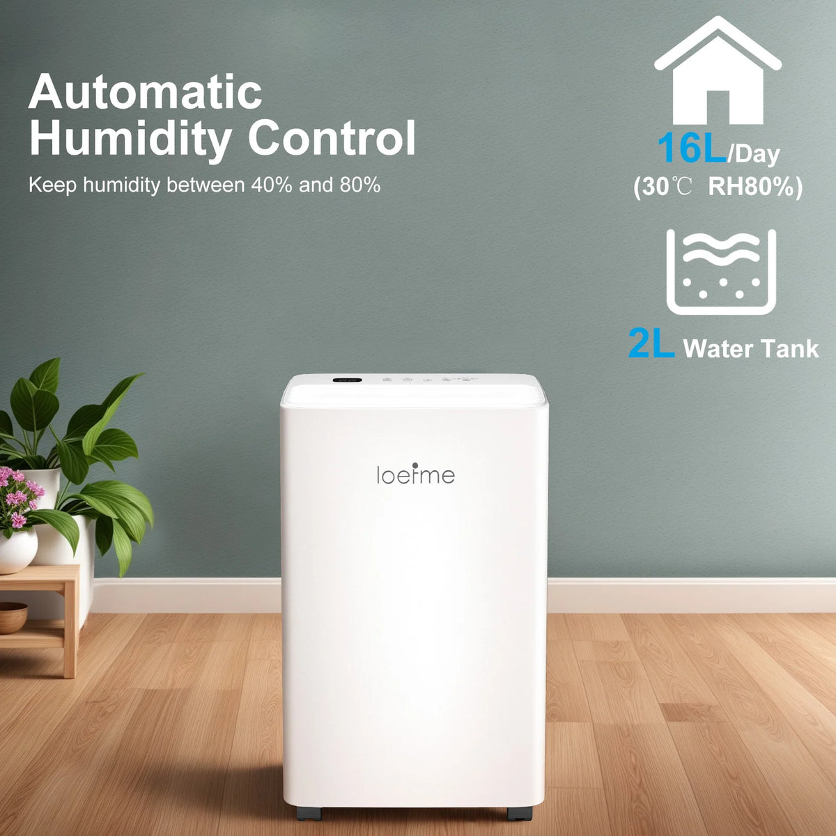 Electric Dehumidifier 16L/Day – Compact Room Dehumidifier with Moisture Sensor, Energy Efficient.