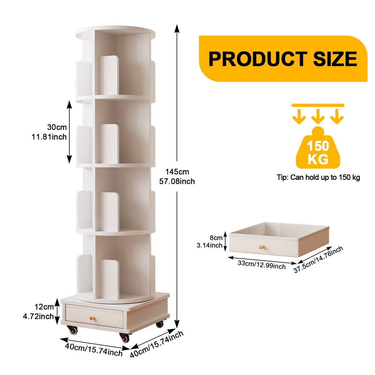 4-Tier Rotating Wooden Bookshelf with Drawer & Wheels – Movable Corner Storage Rack for Home, Study & Bedroom.