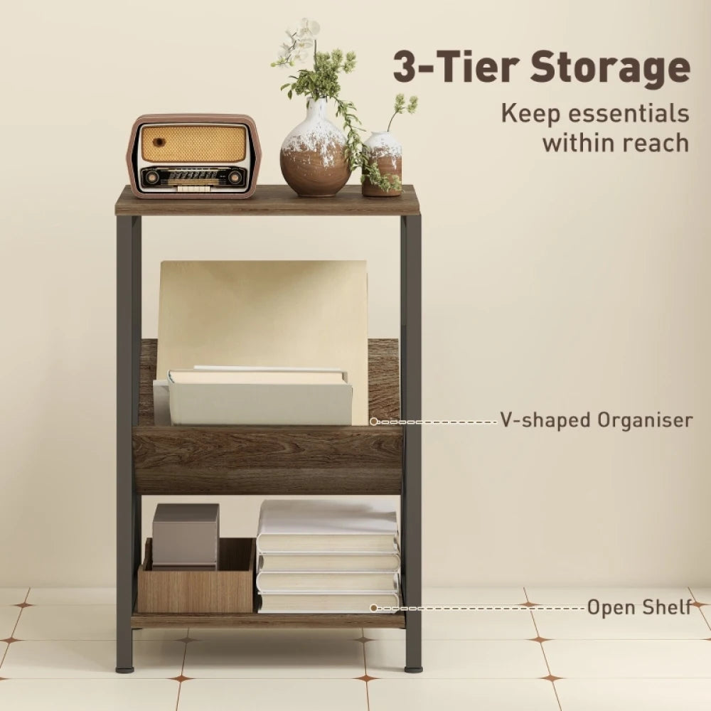 Narrow 3-Tier Side Table with Magazine Holder – Oak Finish, 40 × 30 × 61 cm.