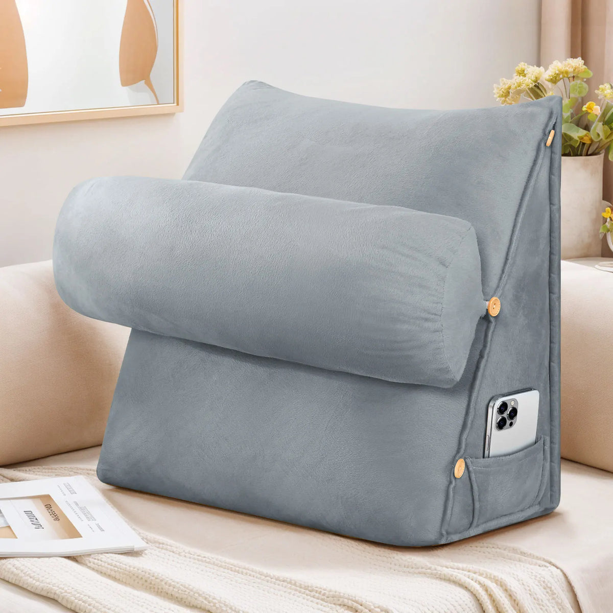 Ergonomic Back Support Pillow with Neck Roll – Wedge Cushion for Bed, Sofa & Chair.