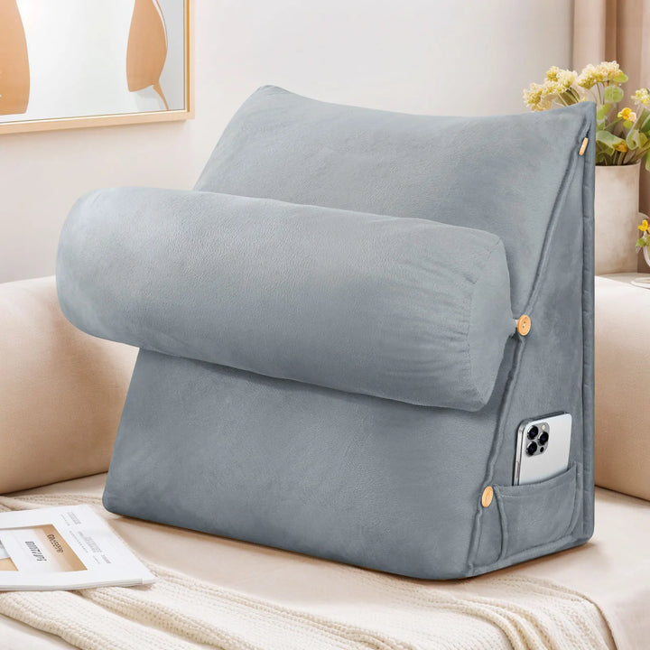Ergonomic Back Support Pillow with Neck Roll – Wedge Cushion for Bed, Sofa & Chair.