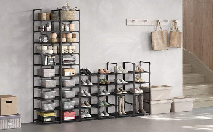 10-Tier Shoe Rack – Space-Saving Metal Shoe Storage Organiser with Fabric Shelves.