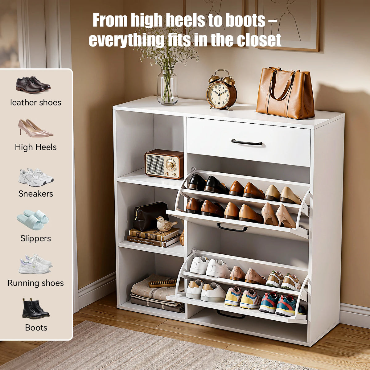 4-Tier Shoe Storage Cabinet with Drawer & Side Cupboard – Modern Flip-Down Shoe Organiser.