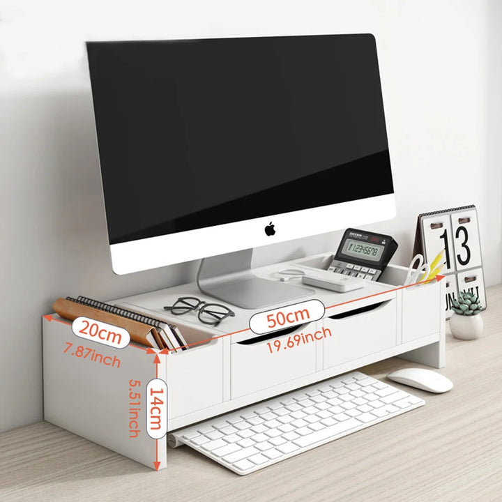 White Monitor Stand Riser with Drawers & Side Storage – Desktop Organizer & Laptop Support Shelf.