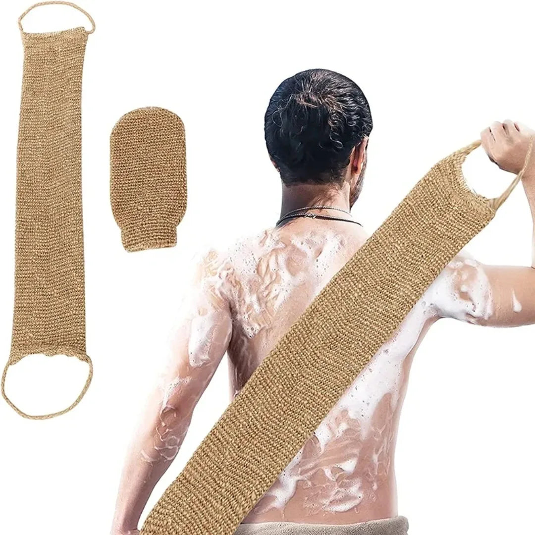 Hemp Back Scrubber Bath Towel with Gloves – Jute Exfoliating Loofah Back Strap Shower & Body Cleaning Kit.