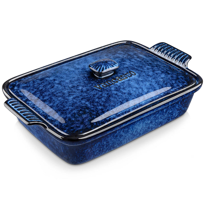 Large Blue Stoneware Casserole Dish with Lid – Oven & Microwave Safe Lasagna Baking Pan for Roasting, Baking & Serving