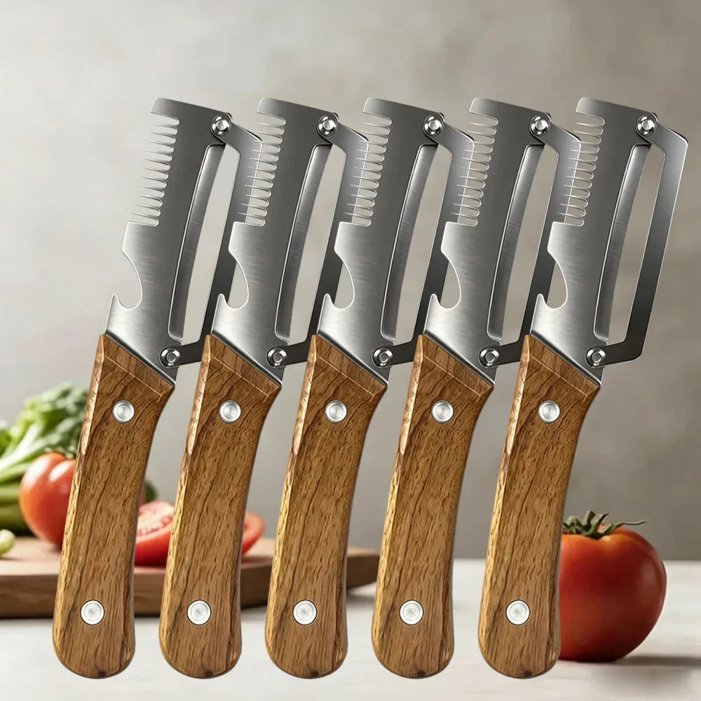 Multi-Function Vegetable Peeler – Stainless Steel Blade Kitchen Peeler with Wooden/Steel Handle & Bottle Opener.