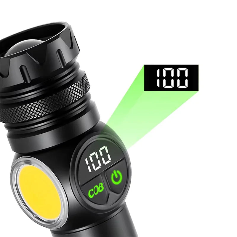 High-Power LED Flashlight – USB Rechargeable Tactical Torch with COB Side Light, Magnetic Base & Zoom.