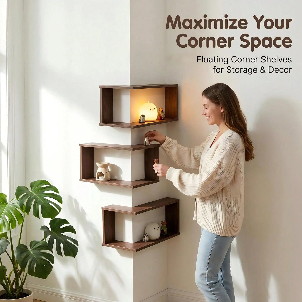 Set of 3 Wooden Floating Corner Shelves – Wall-Mounted Storage & Display Rack.