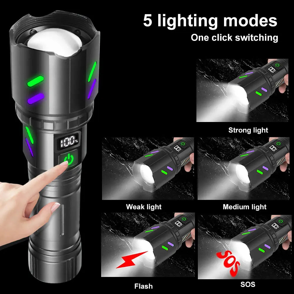 Zoomable Tactical LED Flashlight – USB Rechargeable Torch with Focused Beam, Laser Pointer & Outdoor Light.