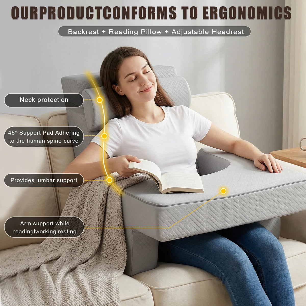 Ergonomic Back Support Pillow with Armrests & Pockets – Full-Body Reading Cushion for Bed, Sofa & Floor.