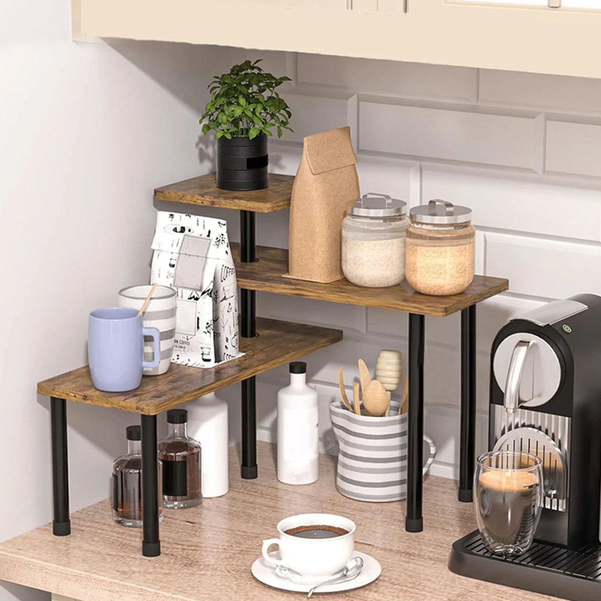 3-Tier Corner Shelf with Metal Frame – Space-Saving Countertop Organizer.