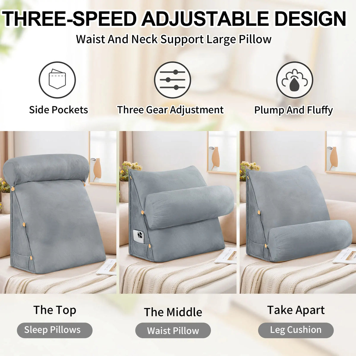 Ergonomic Back Support Pillow with Neck Roll – Wedge Cushion for Bed, Sofa & Chair.