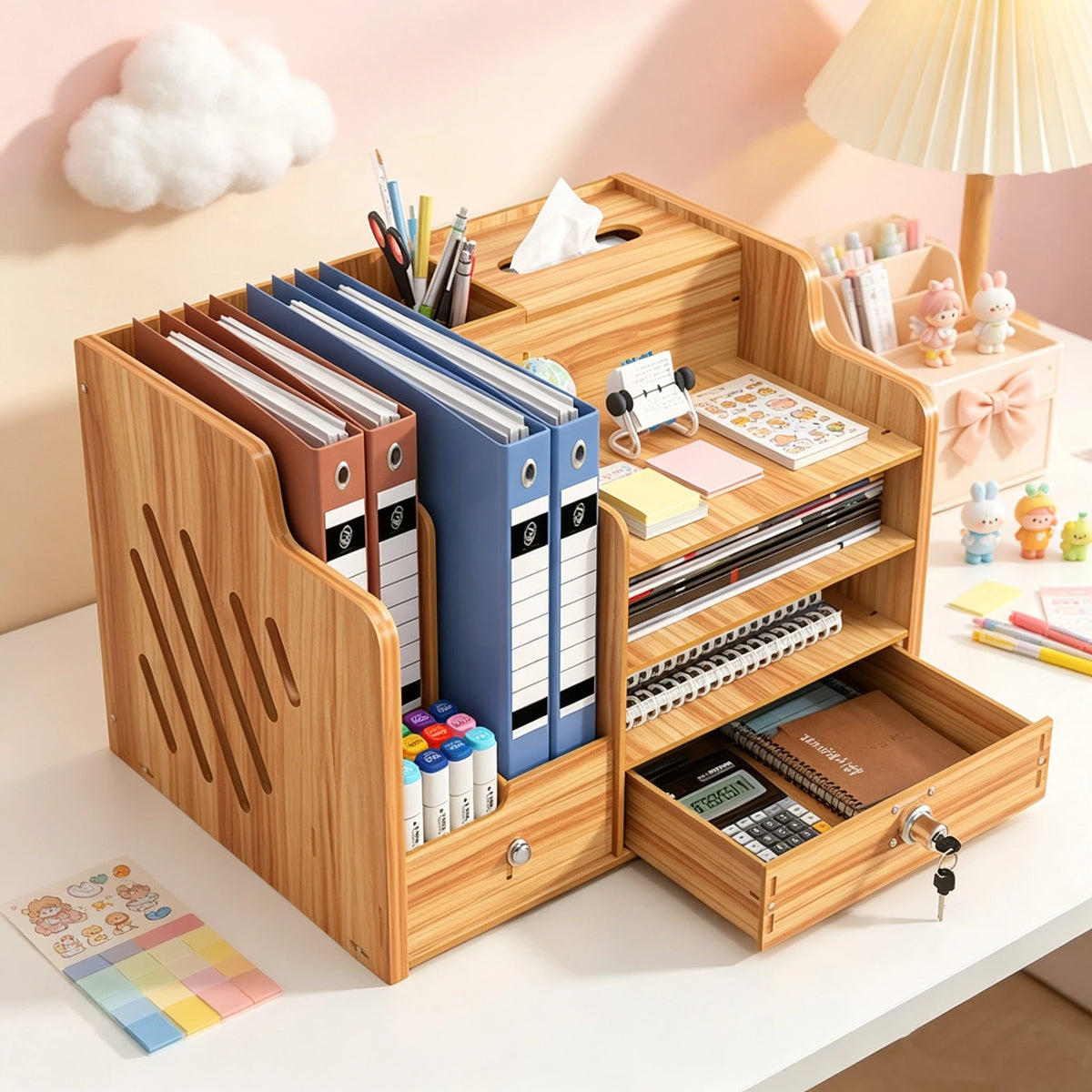 Cherry Wood Multi-Layer Desk Organizer with Lock – Desktop Storage Box.