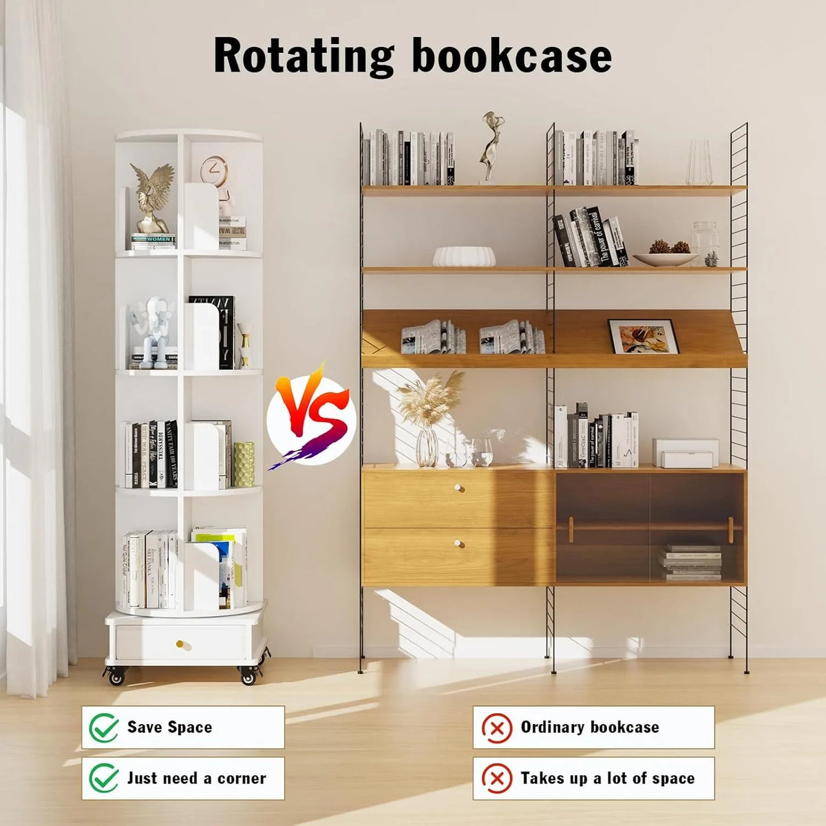 4-Tier Rotating Wooden Bookshelf with Drawer & Wheels – Movable Corner Storage Rack for Home, Study & Bedroom.
