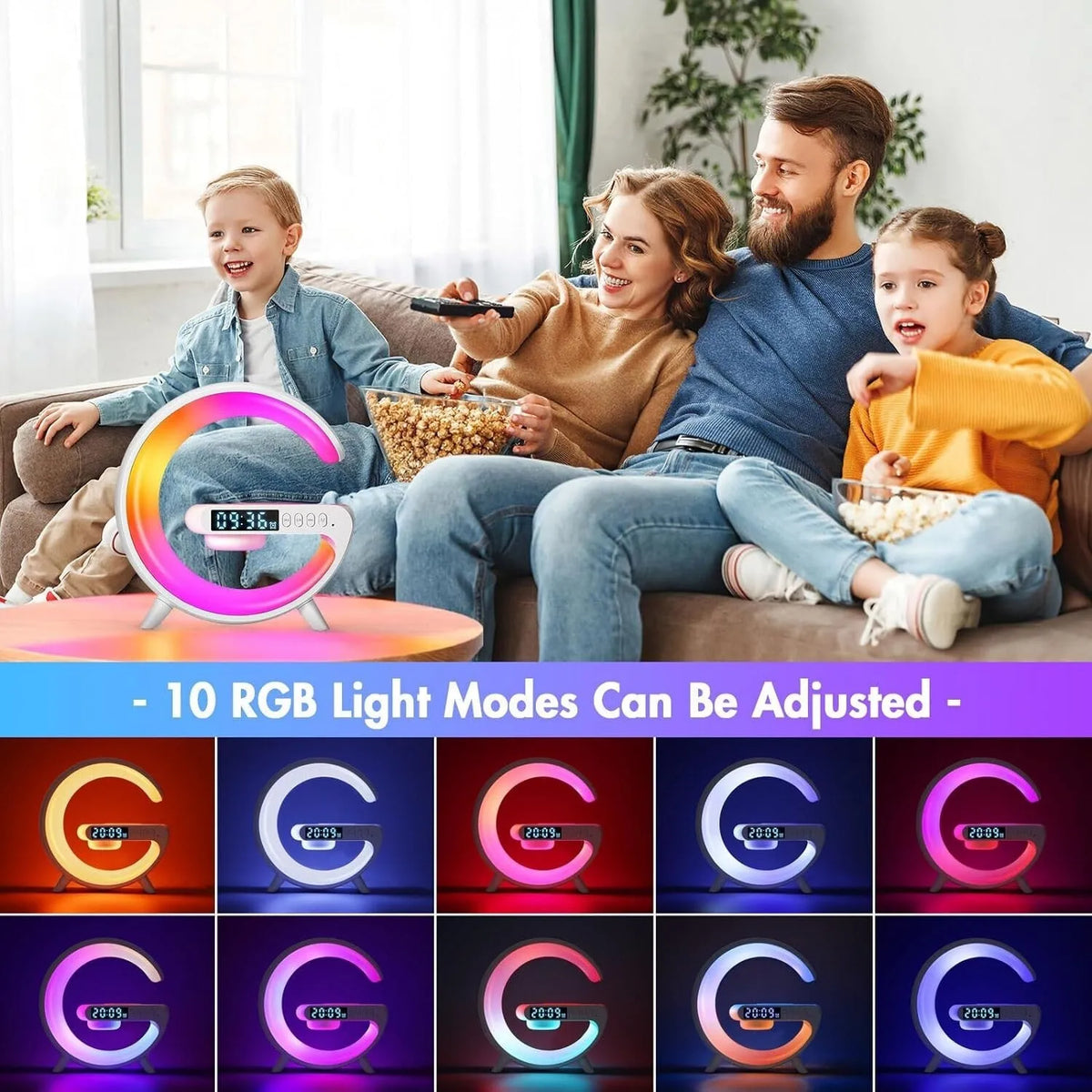 G-Shape LED Smart Desk Lamp – Multi-Functional Bedside Light with Wireless Charger & Bluetooth Speaker.