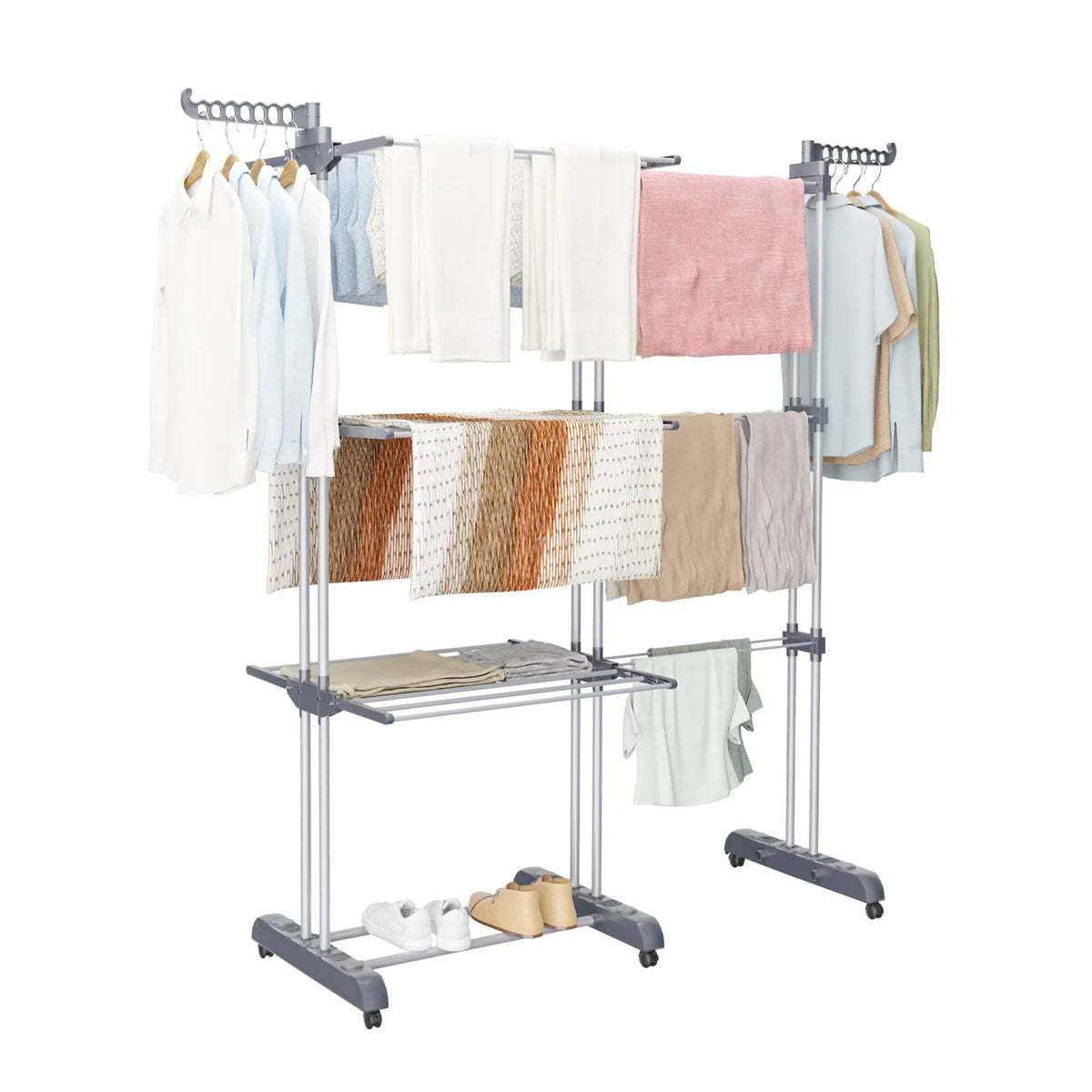 Height-Adjustable Steel Clothes Airer – 74–147cm, 6 Folding Wings, 176cm Tall, 15kg Capacity for Indoor & Outdoor Laundry.