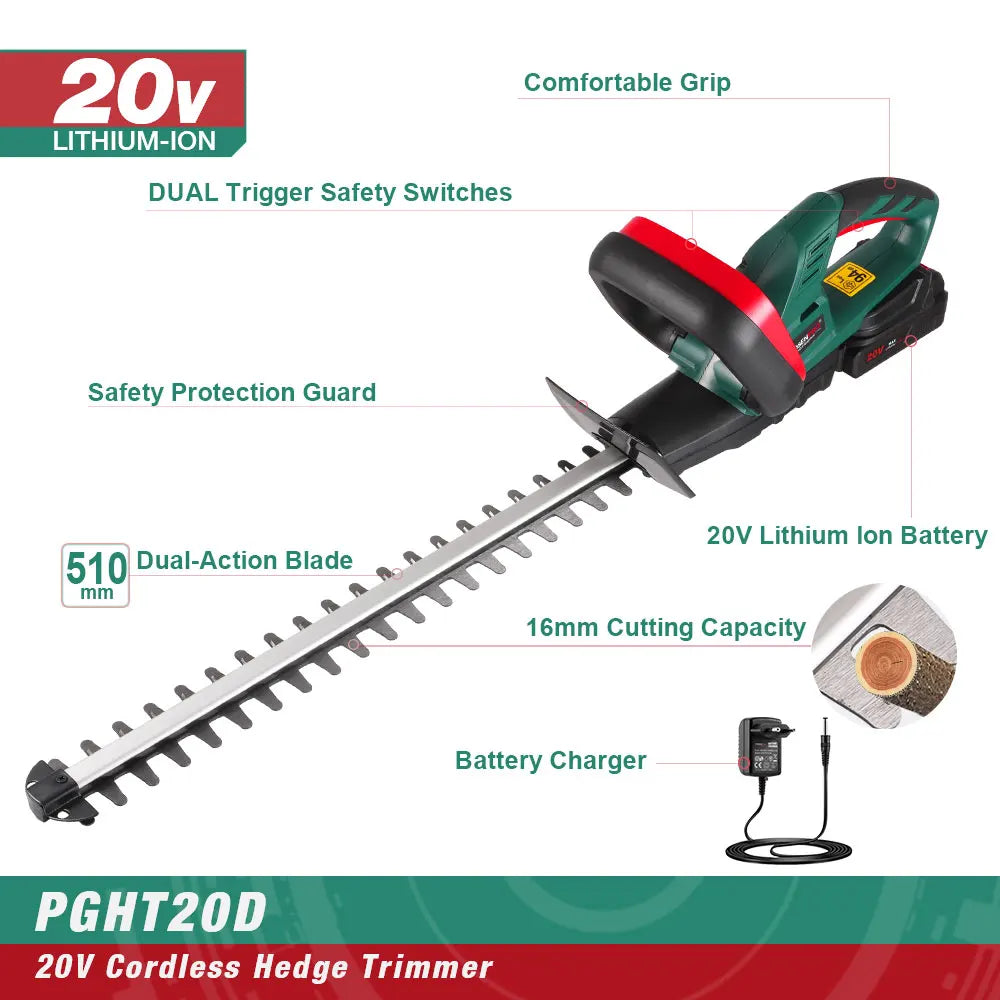20V Hedge Trimmer – 510mm Blade, 2.0Ah Battery.