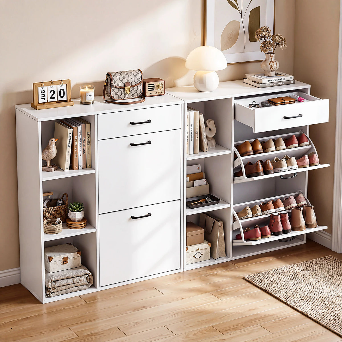 4-Tier Shoe Storage Cabinet with Drawer & Side Cupboard – Modern Flip-Down Shoe Organiser.