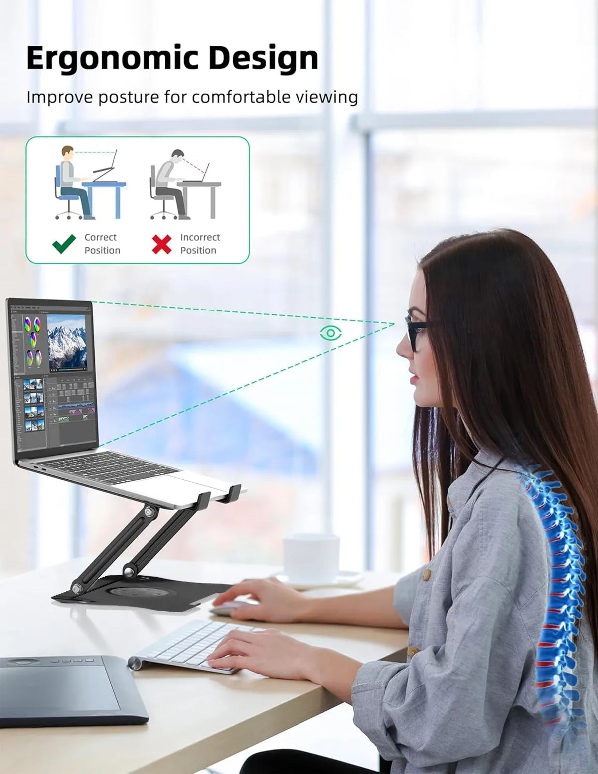 Adjustable Metal Laptop & Tablet Stand – Portable Desk Riser Holder.