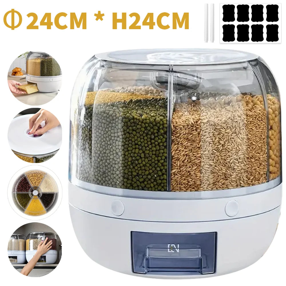 360° Rotating 6-Grid Food Dispenser – Airtight Grain & Cereal Storage Container, Moisture-Proof Kitchen Organizer.