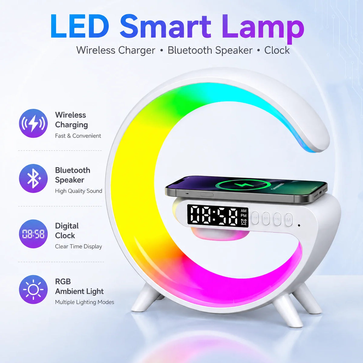 G-Shape LED Smart Desk Lamp – Multi-Functional Bedside Light with Wireless Charger & Bluetooth Speaker.