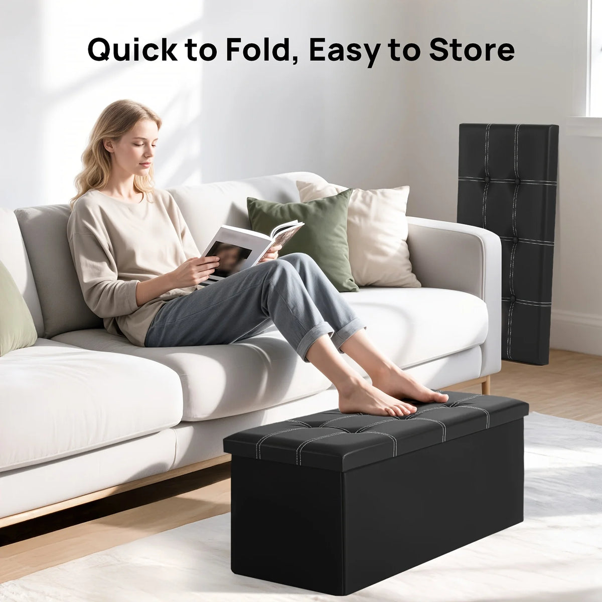 30-Inch Folding Storage Ottoman Bench – Faux Leather Padded Seat & Storage Chest.