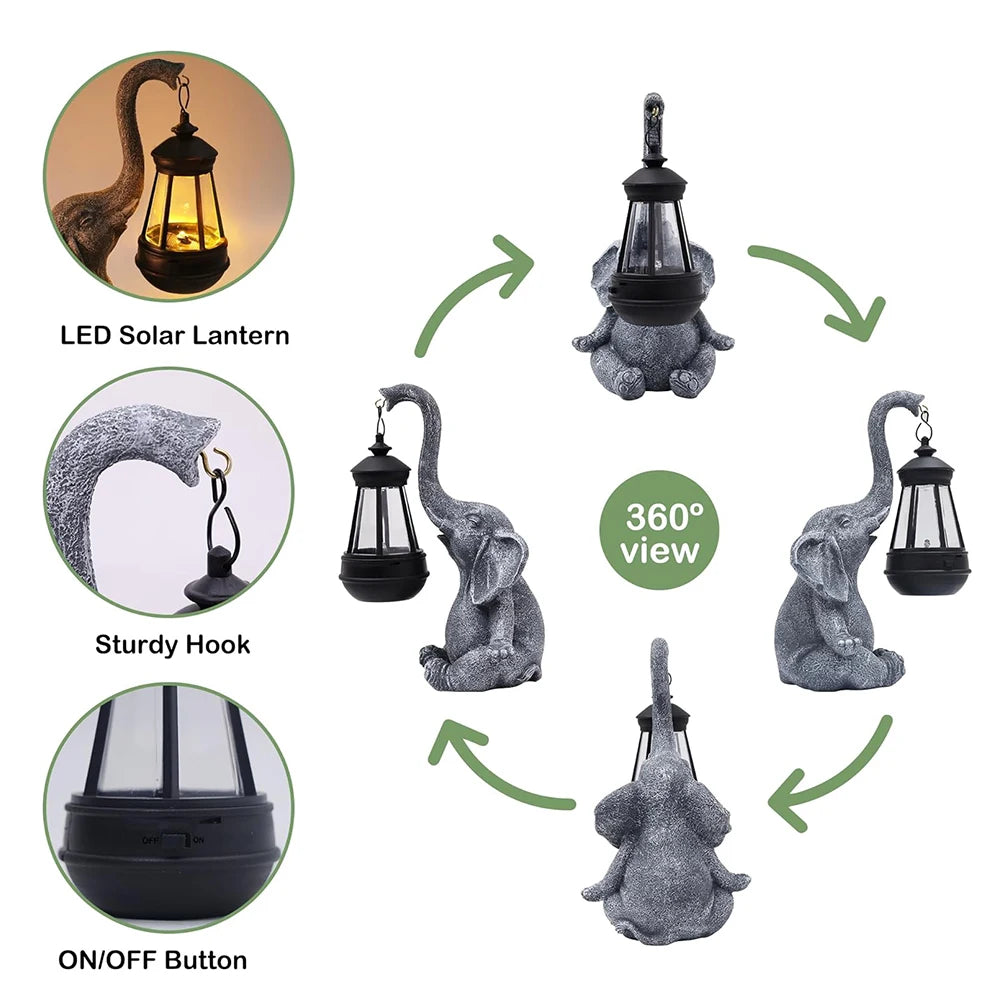 Solar Elephant Garden Statue – Resin Elephant Figurine with Lantern Light.