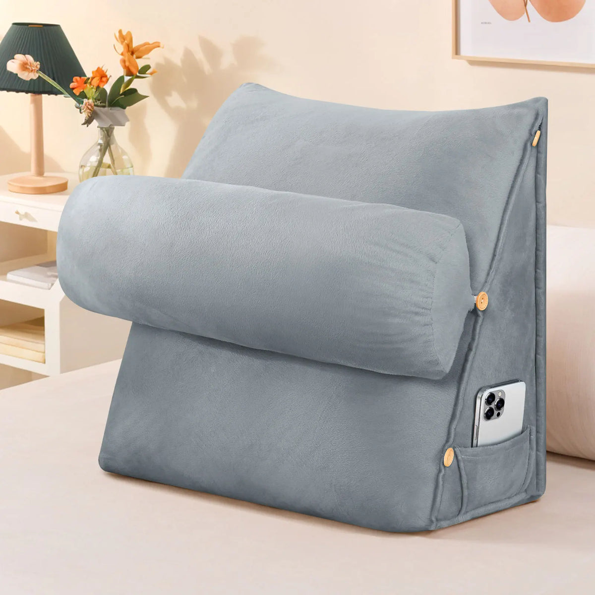 Ergonomic Back Support Pillow with Neck Roll – Wedge Cushion for Bed, Sofa & Chair.