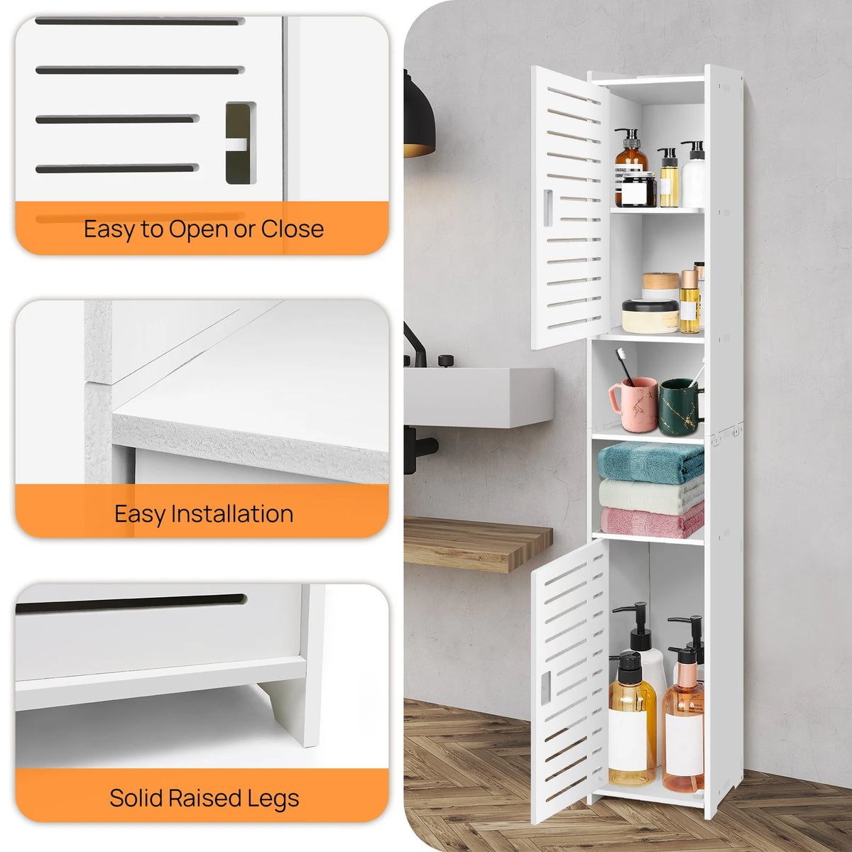 Tall 5-Tier Bathroom Storage Cabinet – 2-Door PVC Waterproof Organiser.