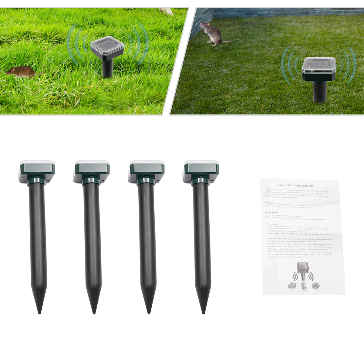 4-Piece Solar Ultrasonic Animal Repeller – Mole, Snake & Rat Deterrent for Garden & Yard.