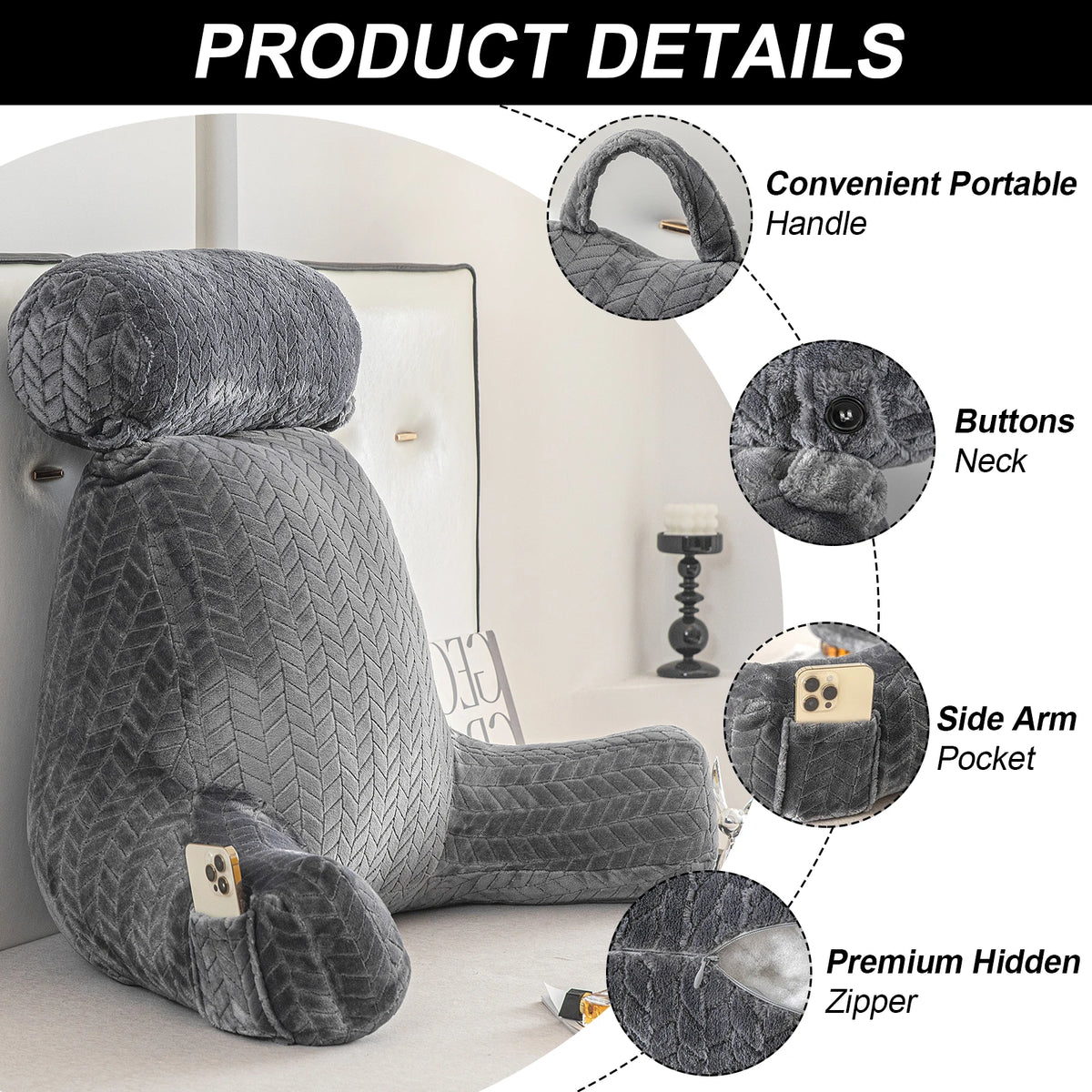 Adult Reading Pillow with Arms & Pockets – Ergonomic Backrest Cushion for Bed, Sofa & Lounging.