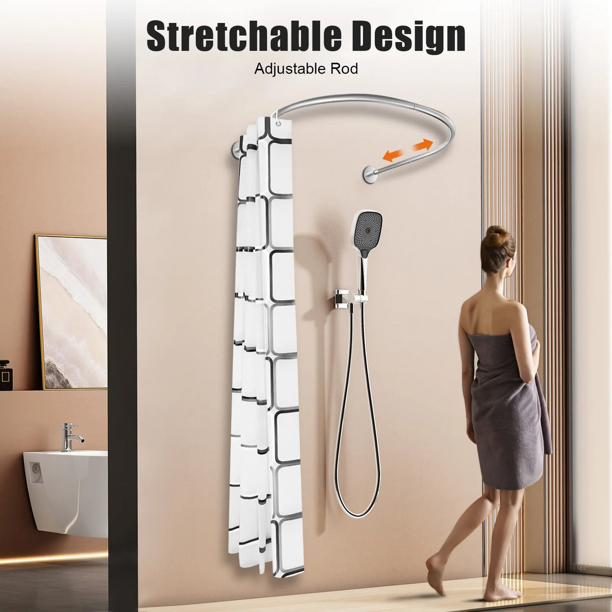 Extendable U-Shaped Shower Curtain Rod – Adjustable Curved Bathroom Curtain Rail.