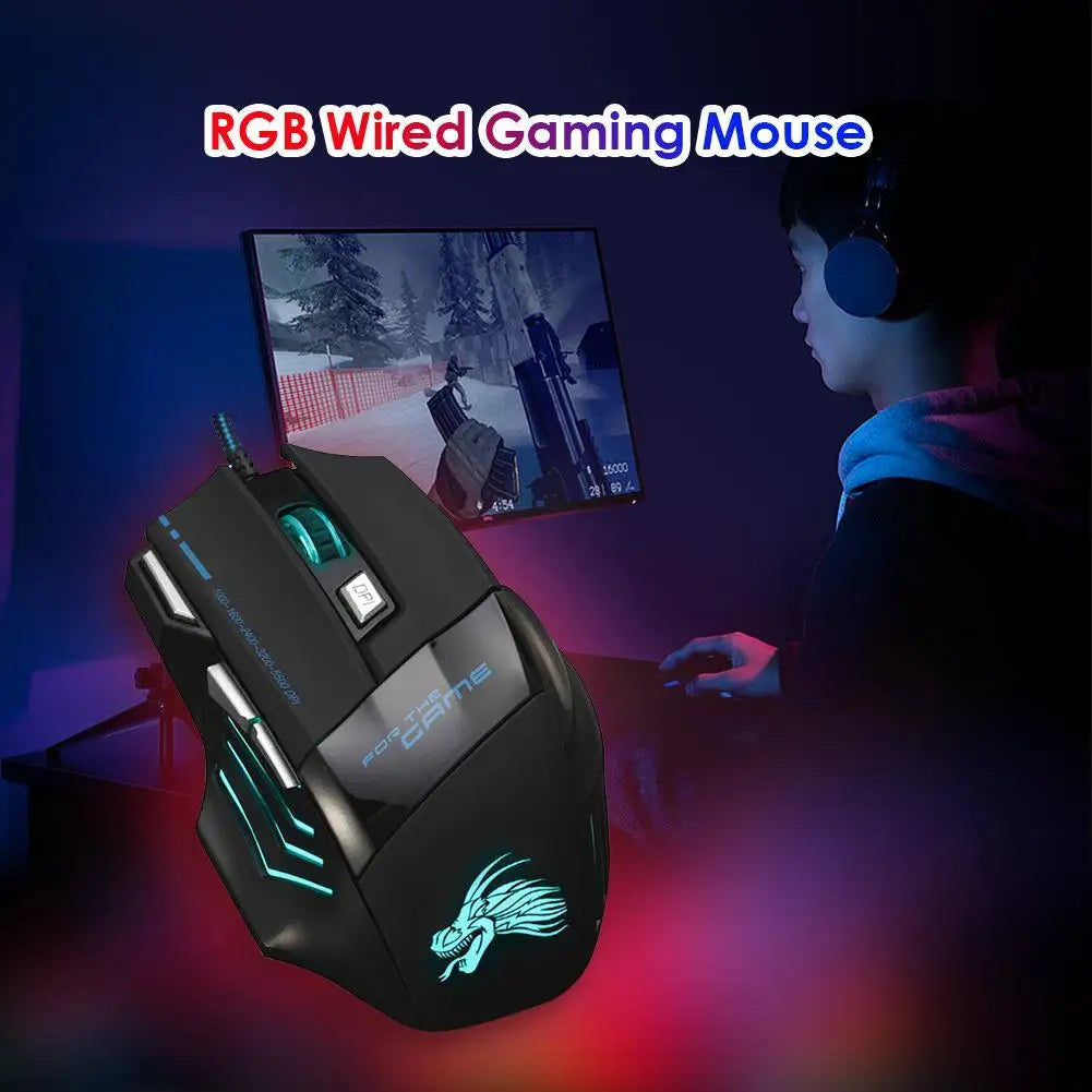 Ergonomic Wired Gaming Mouse – 7 Buttons, 5500 DPI, Silent Click & RGB Backlight.