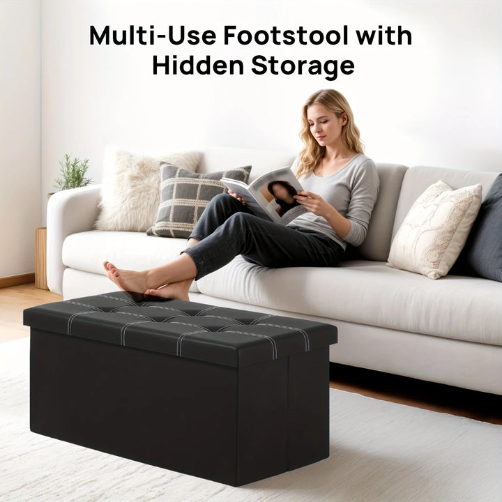 30-Inch Folding Storage Ottoman Bench – Faux Leather Padded Seat & Storage Chest.
