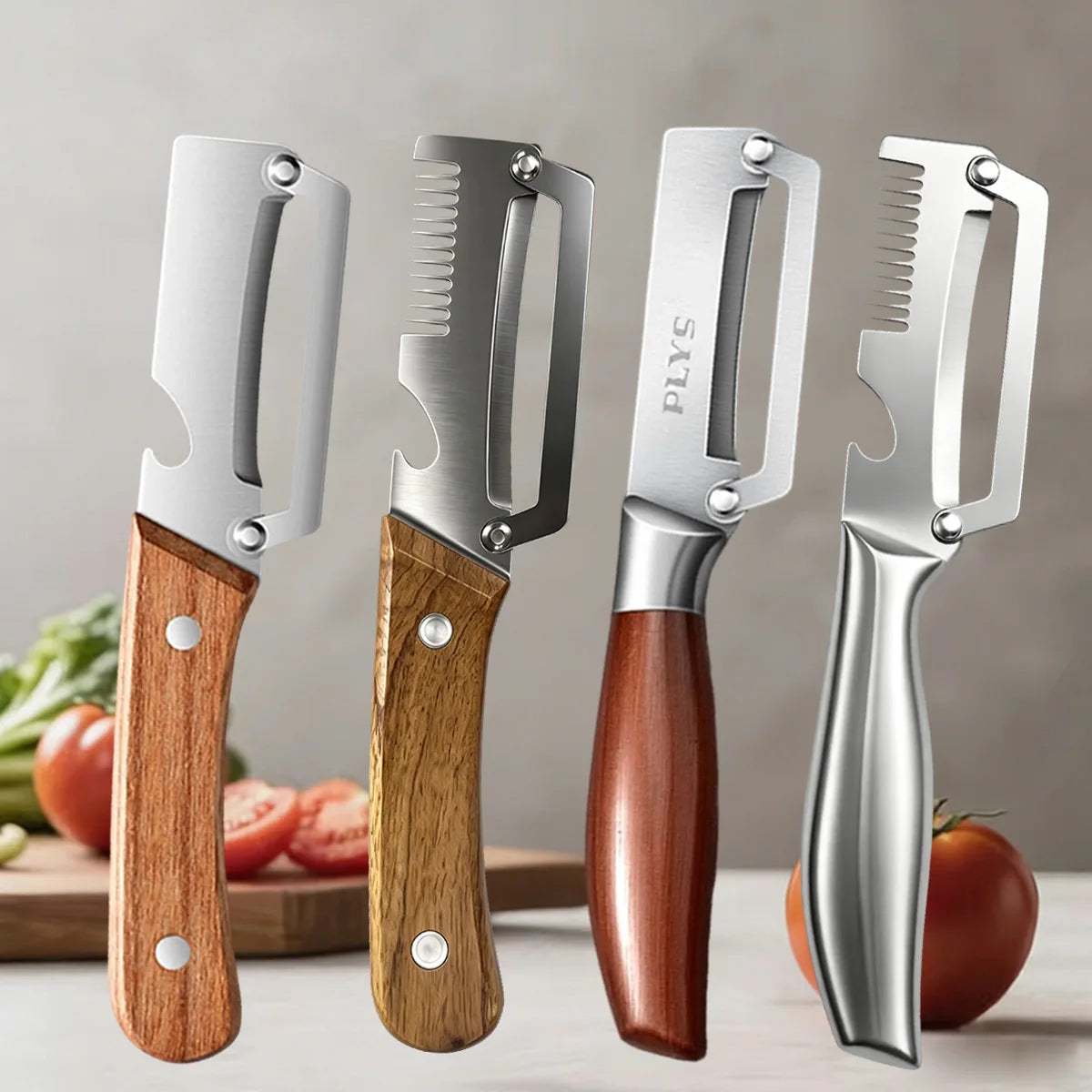 Multi-Function Vegetable Peeler – Stainless Steel Blade Kitchen Peeler with Wooden/Steel Handle & Bottle Opener.