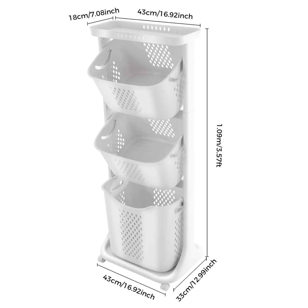 3-Tier Laundry Basket with Wheels – Rolling Laundry Hamper Cart with Carry Handles for Bedroom, Dorm & Laundry Room.