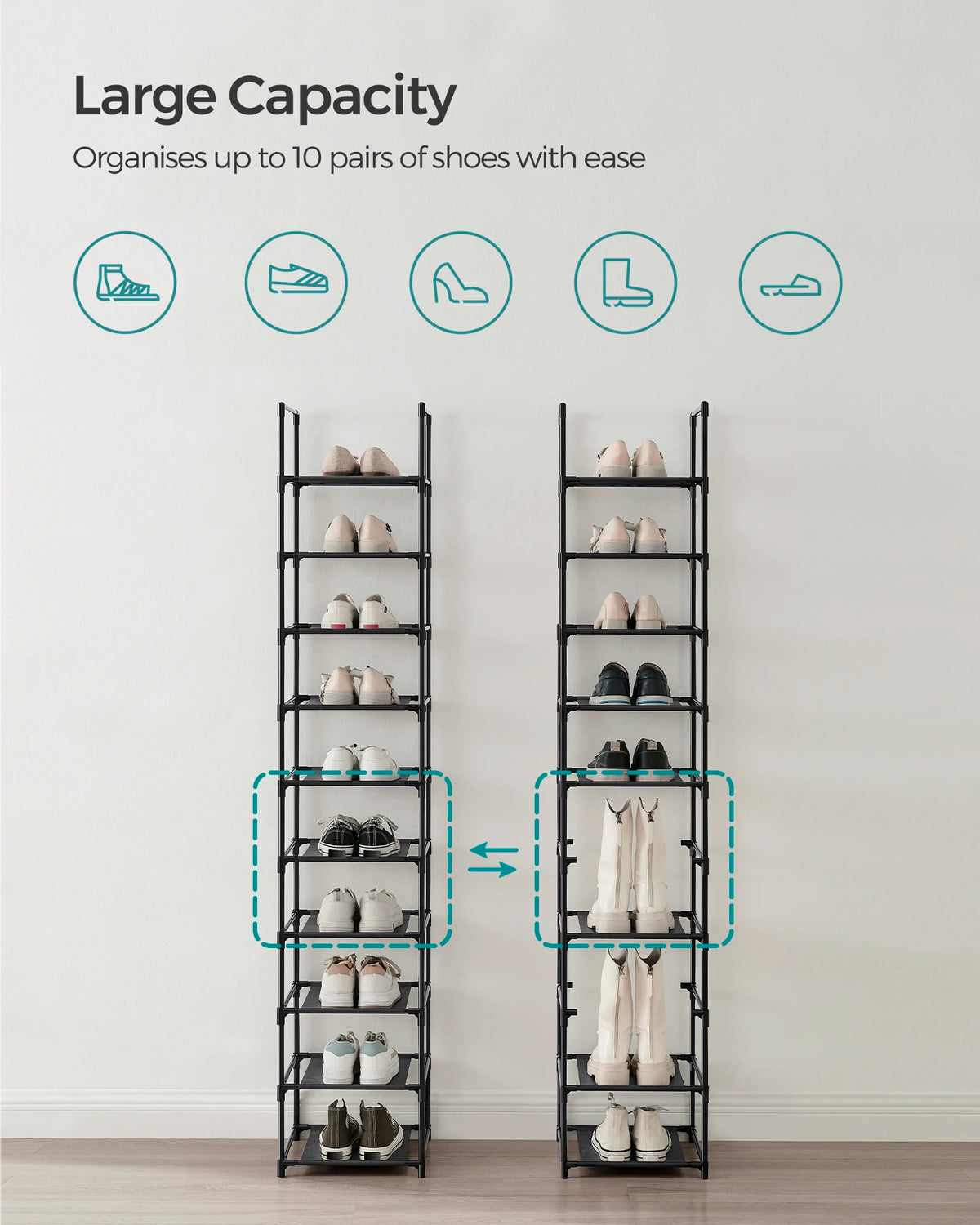 10-Tier Shoe Rack – Space-Saving Metal Shoe Storage Organiser with Fabric Shelves.
