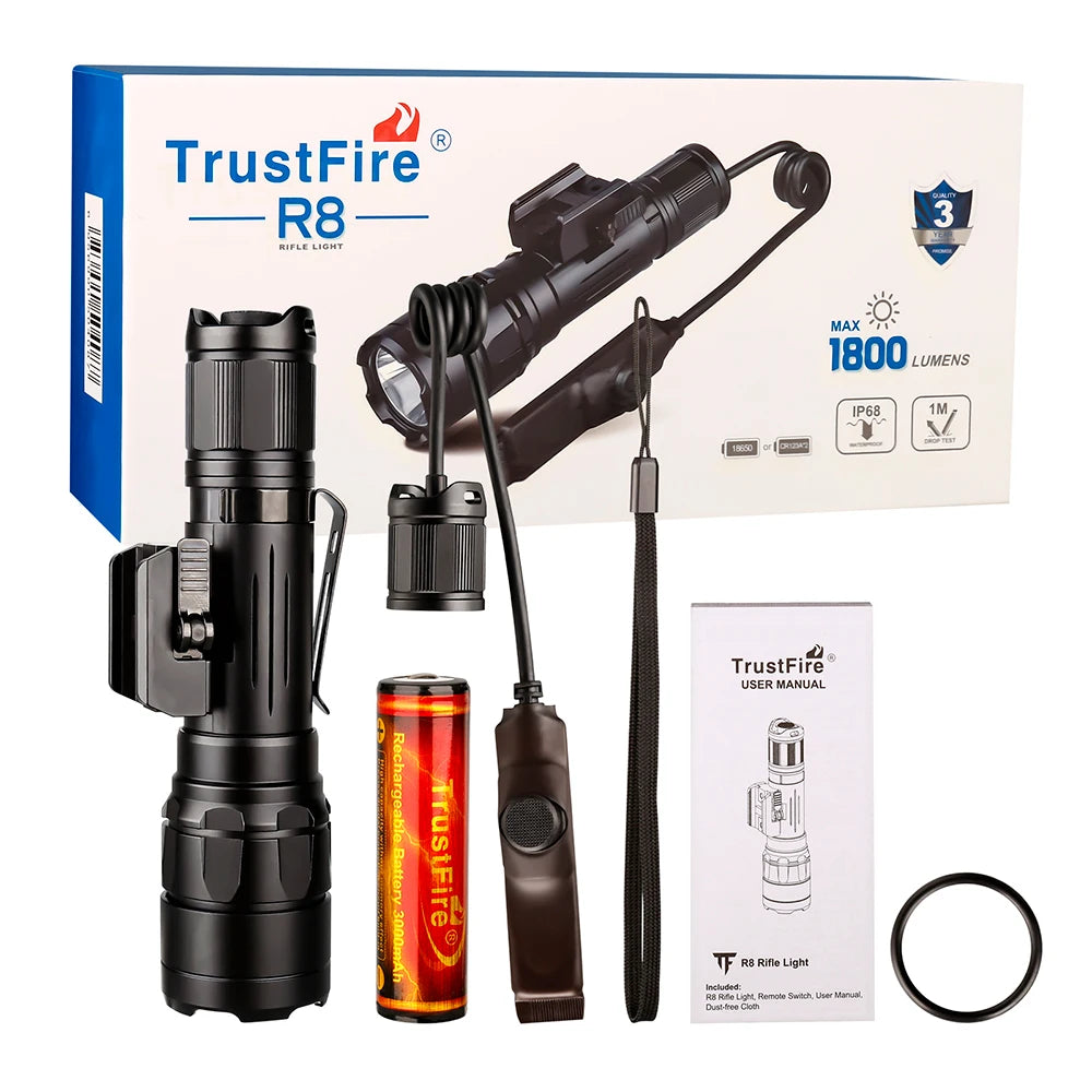 TrustFire R8 Tactical Flashlight – 1700 Lumens, 350m Range, LED Torch with 18650 Battery.