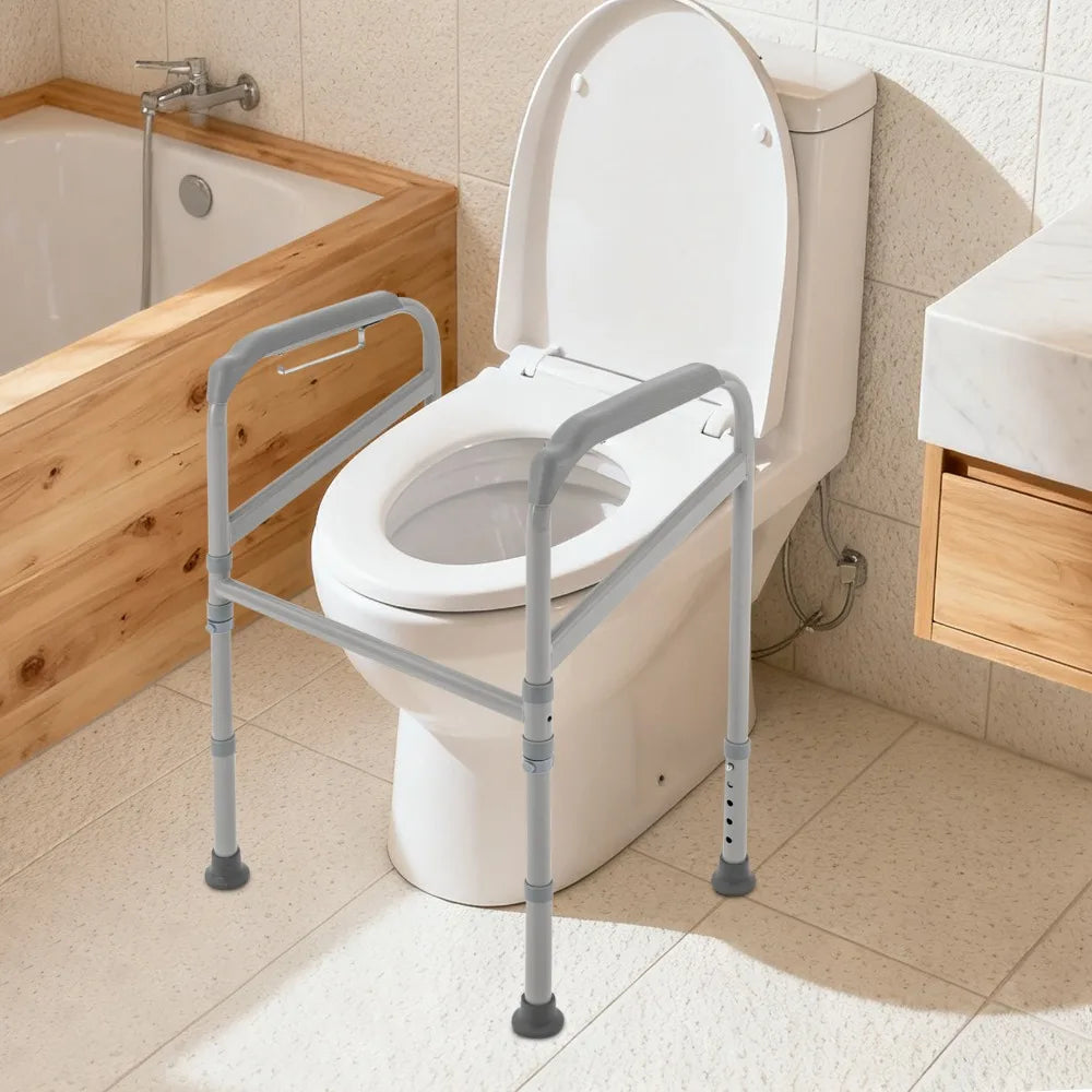 Toilet Support Frame with Grab Bars – Adjustable Height Steel Bathroom Safety Rail with Non-Slip Grip..