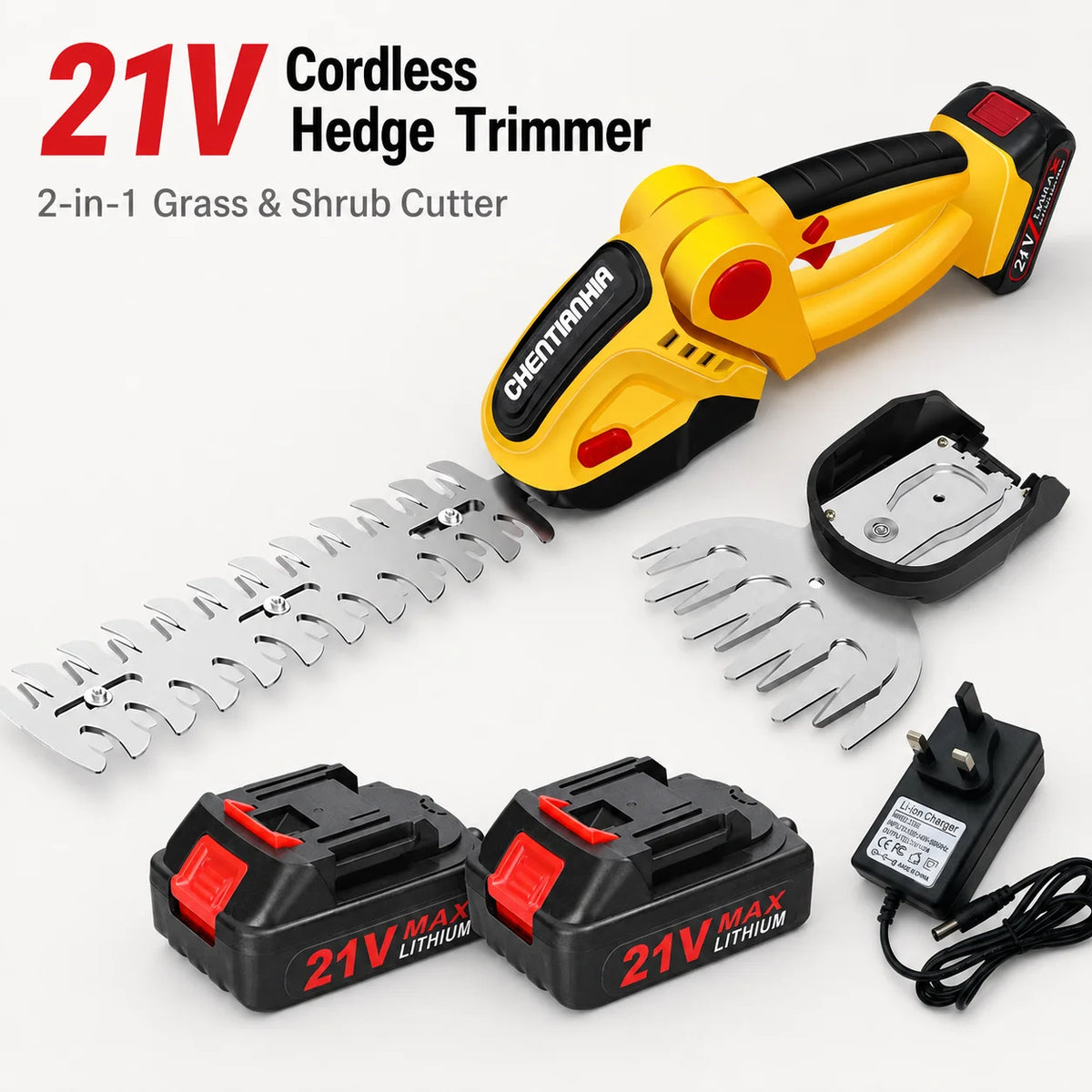 21V Cordless 2-in-1 Hedge Trimmer – Grass Shear & Shrub Cutter with 2 Batteries.